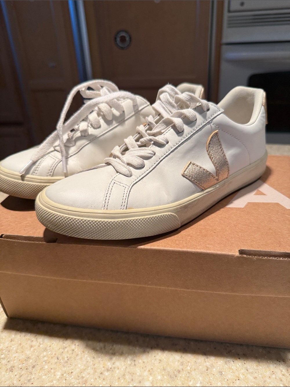 Veja White Leather Sneakers with Gold V logo Size US 5